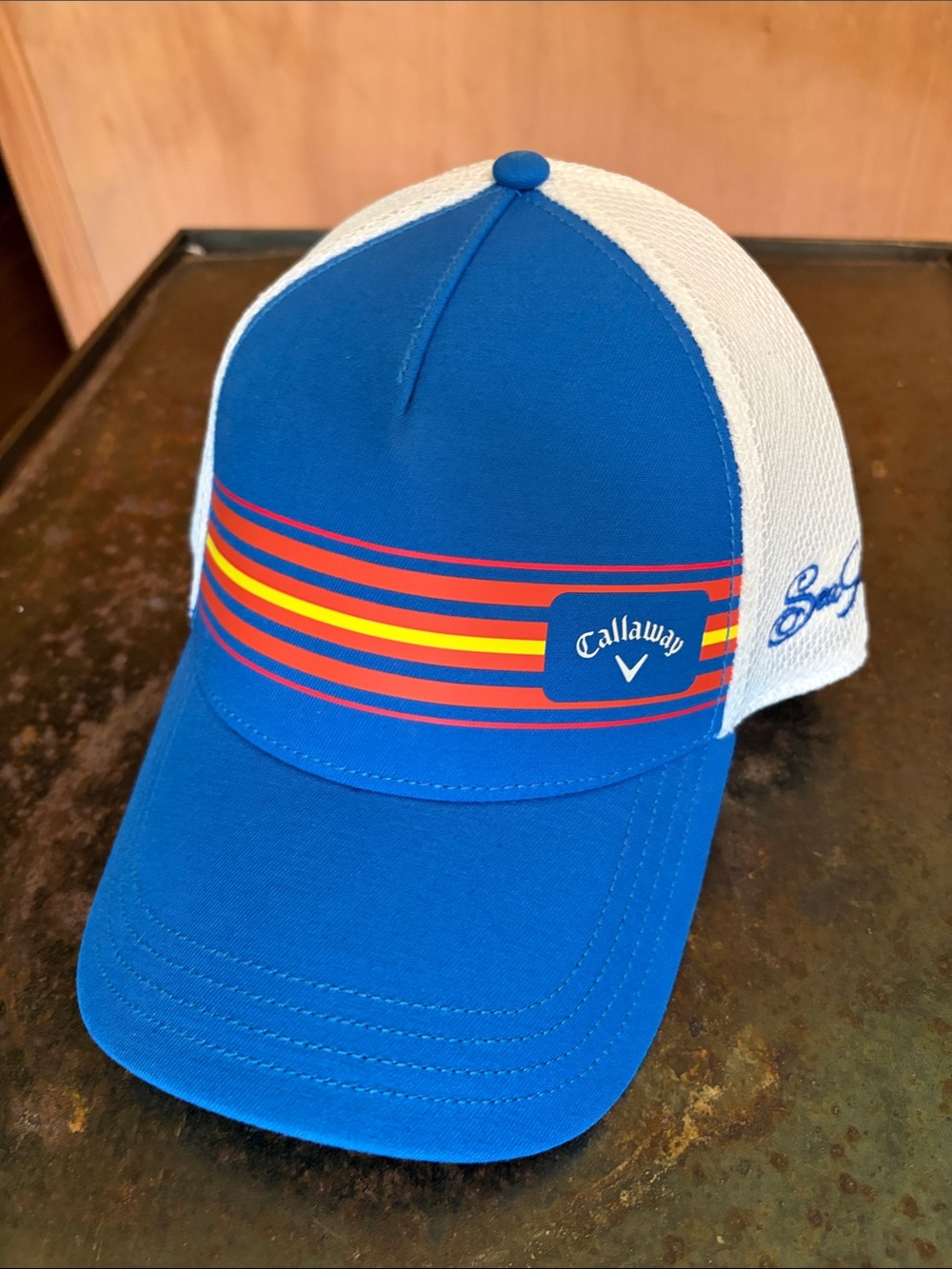 Callaway Golf Blue Trucker SnapBack with Red & Yellow Stripe Accent. Sea Island